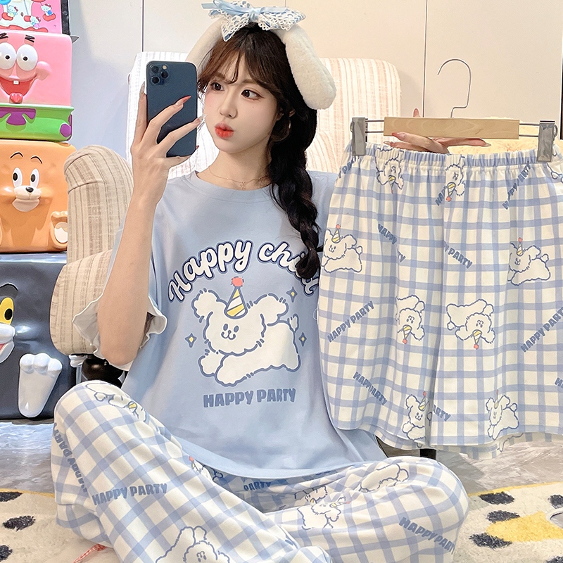 Pure Cotton Pajamas for Women, Summer Short-Sleeved Long Pants, Cartoon Print Loungewear Three-Piece Set, Cute Style, Can Be Worn Outside, Thin Style