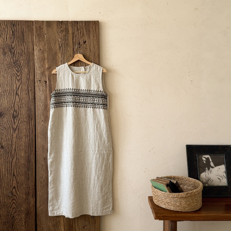 Original Hemp Bohemian Style Round Neck Sleeveless Mid-Length Embroidered Casual Dress Original Hemp Bohemian Style Round Neck Sleeveless Mid-Length Embroidered Casual Dress