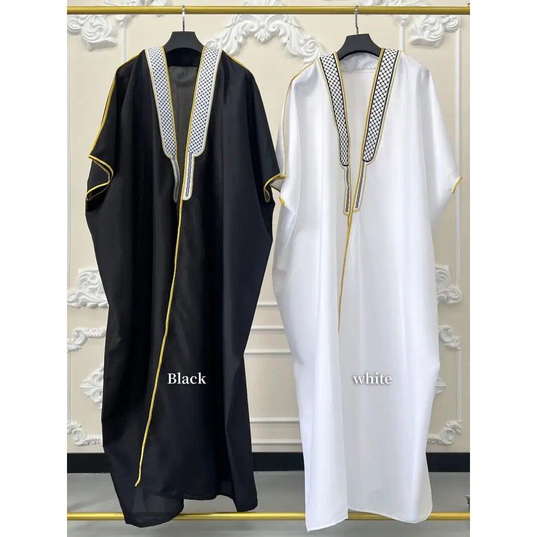 Men Robe Embroidery Batwing Short Sleeve Loose Jubba Thobe