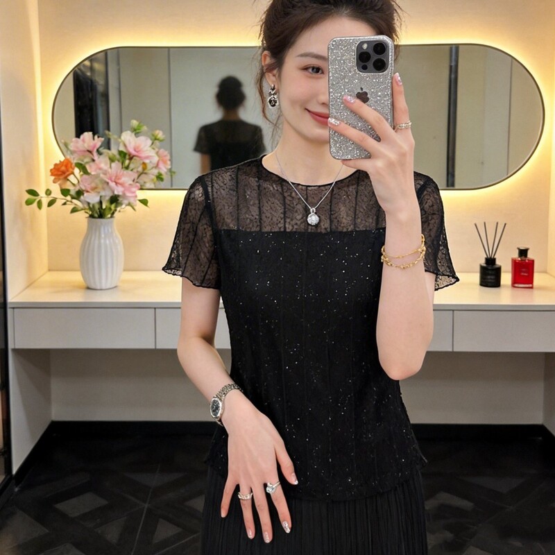 【Starry Sky】French-Style Lace Mesh Sequin Sheer Short-Sleeve Top 2026 New Women's Short-Sleeve T-Shirt