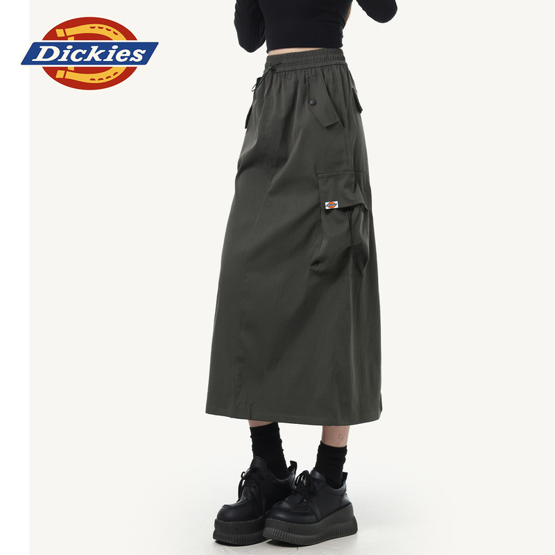 Dickies American-Style Gray Workwear Skirt for Women 2026 New Summer Slit A-Line Drawstring Long Skirt