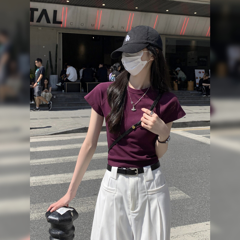 Purple Round-Neck Short-Sleeve T-Shirt for Women, 2026 Summer New Style, Slim Fit Design, Unique and Stylish Short Top