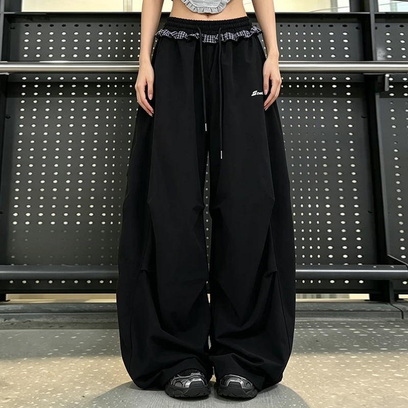 American-Style Design Lace Trim Quick-Dry Pants for Women, Street Dance Plaid Patchwork Spicy Girl Jazz Dance Black Sports Pants Trendy