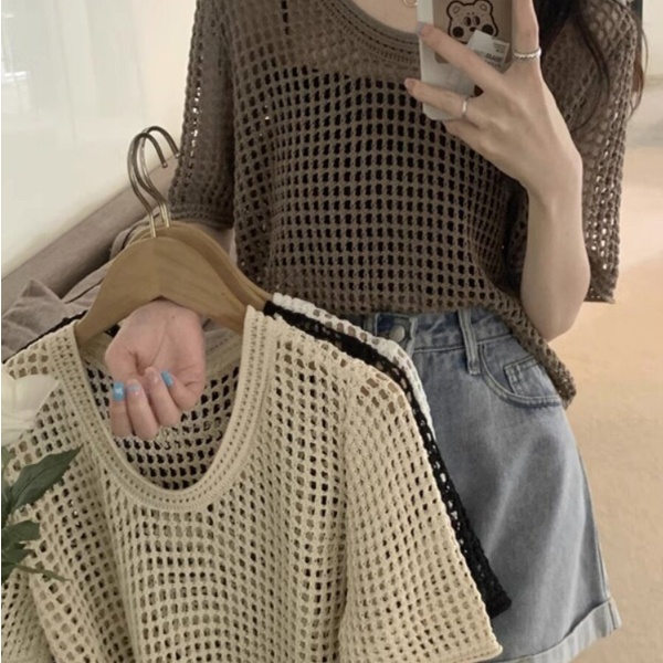 Hollow-Out Short-Sleeve Sun Protection Cover-Up for Women, 2026 Summer Black Short-Sleeve T-Shirt, Outerwear in Chanel Style, Thin Knit T-Shirt Hollow-Out Short-Sleeve Sun Protection Cover-Up for Women, 2026 Summer Black Short-Sleeve T-Shirt, Outerwear in Chanel Style, Thin Knit T-Shirt