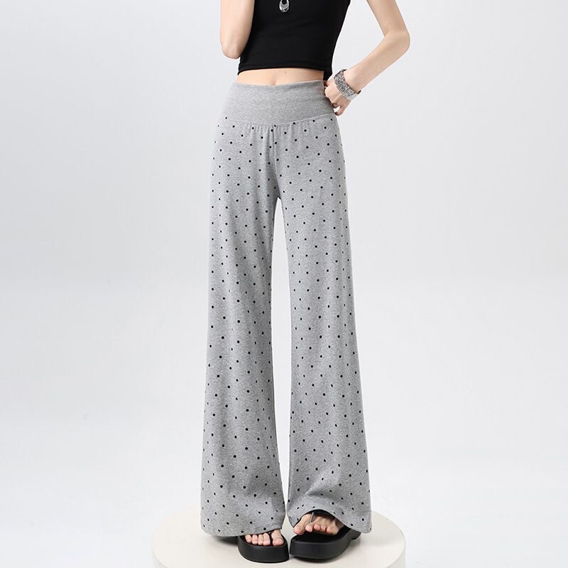 American Retro Style Gray Polka Dot Flared Pants for Women, Summer Elastic High-Waisted Tummy Control Casual Pants, Floor-Length Bootcut Pants