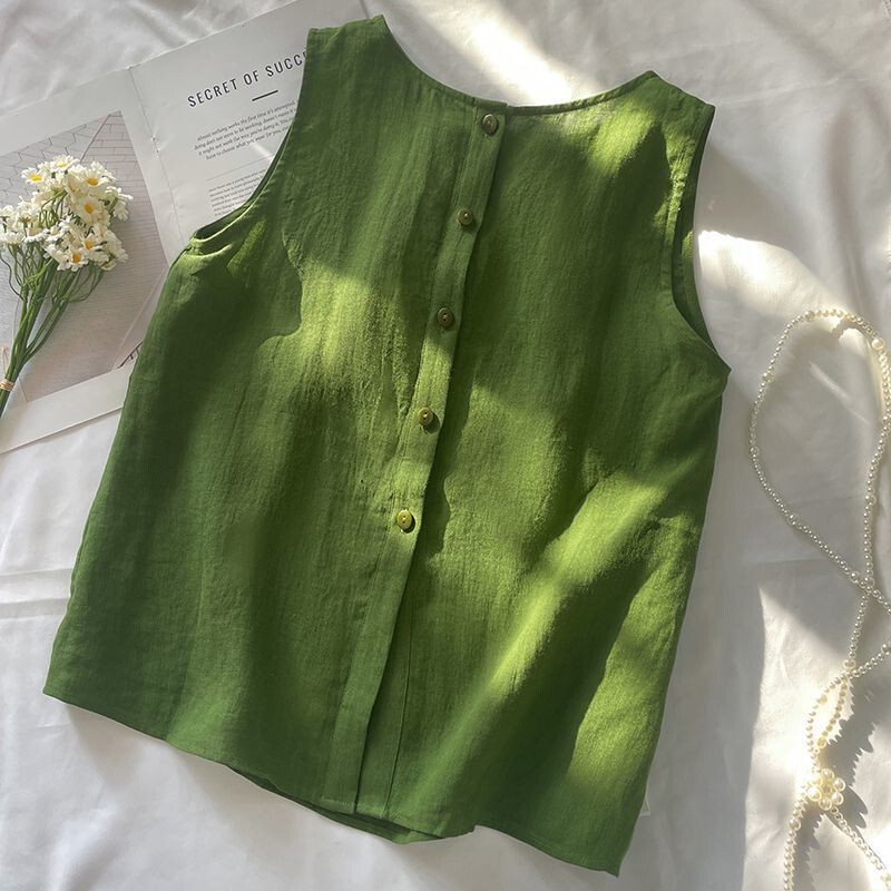 Summer Refreshing Cotton and Linen Sleeveless Vest for Women, Large Size, Fruit Green, Loose Fit, Tummy-Covering, Lazy Style, Suitable for Commuting and Wearing Outside Summer Refreshing Cotton and Linen Sleeveless Vest for Women, Large Size, Fruit Green, Loose Fit, Tummy-Covering, Lazy Style, Suitable for Commuting and Wearing Outside