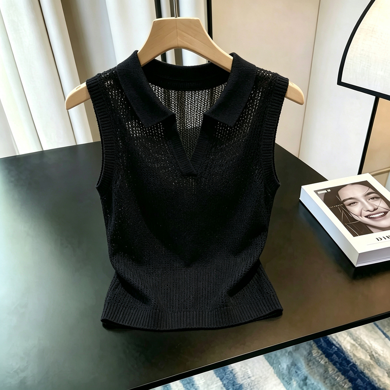 Old Money Style Outfit: Hollow-Out Irregular Lapel Knit Top, Women's T-Shirt, Slim Fit, Summer Wear, Sleeveless Top Old Money Style Outfit: Hollow-Out Irregular Lapel Knit Top, Women's T-Shirt, Slim Fit, Summer Wear, Sleeveless Top