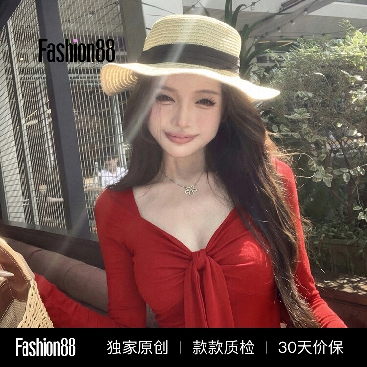 Red Tie-Bow T-Shirt for Women, Spring 2026 New Style, New Year Outfit, Slim Fit Inner Layer Base Shirt Top