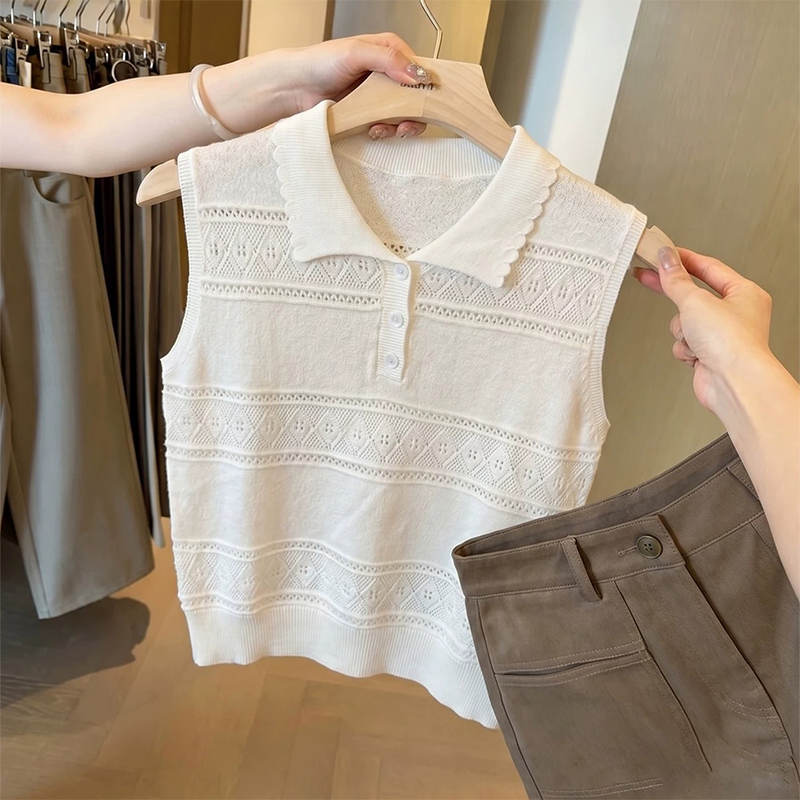 French-Style Polo Collar Hollow-Out Sleeveless Knit Vest for Women, Summer Outerwear, Slimming, Elegant, High-End Feel, Turn-Down Collar Top