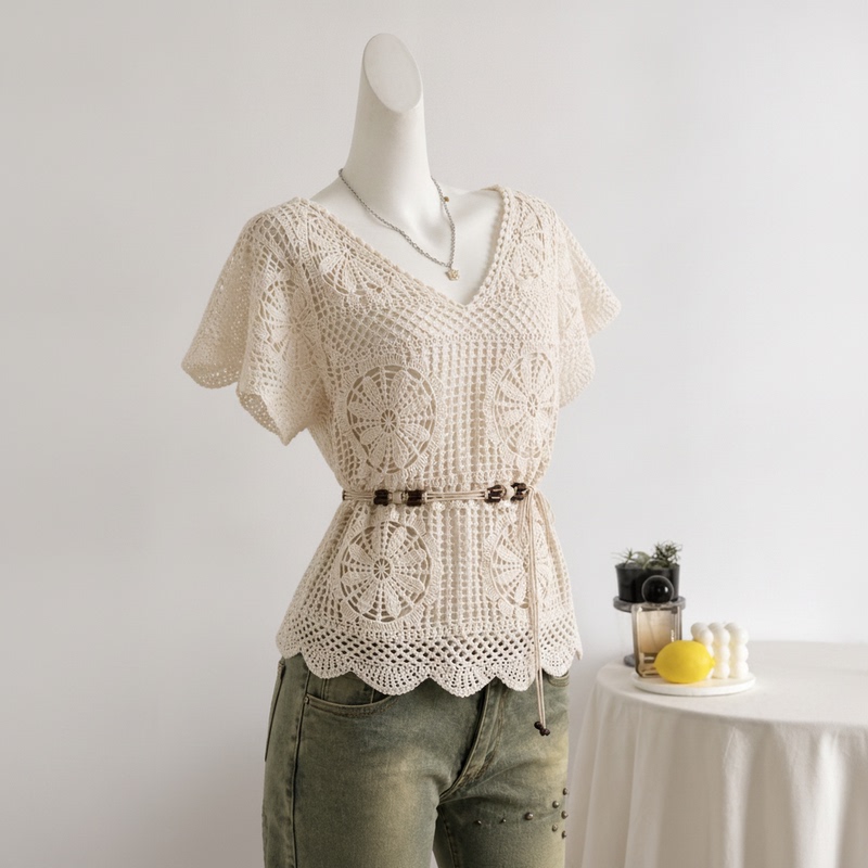 Bohemian Style Crochet Hollow-Out Knit Top for Women, Summer V-Neck Short-Sleeve Tie-Waist Vacation Style Blouse Bohemian Style Crochet Hollow-Out Knit Top for Women, Summer V-Neck Short-Sleeve Tie-Waist Vacation Style Blouse
