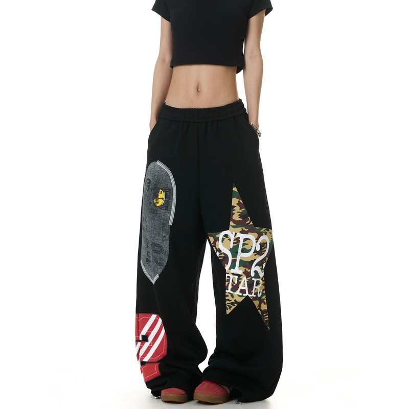 Autumn and Summer American Street Style Camouflage Patchwork Printed Color-Blocking Sweatpants for Women, Loose Straight-Leg Casual Sports Lazy Long Pants