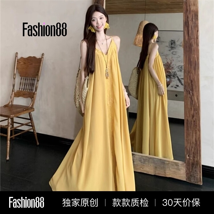 Resort-Style French-Style Suspender Dress with Embroidery, V-Neck Yellow Dress, Women's Summer Loose-Fitting Slimming Long Skirt
