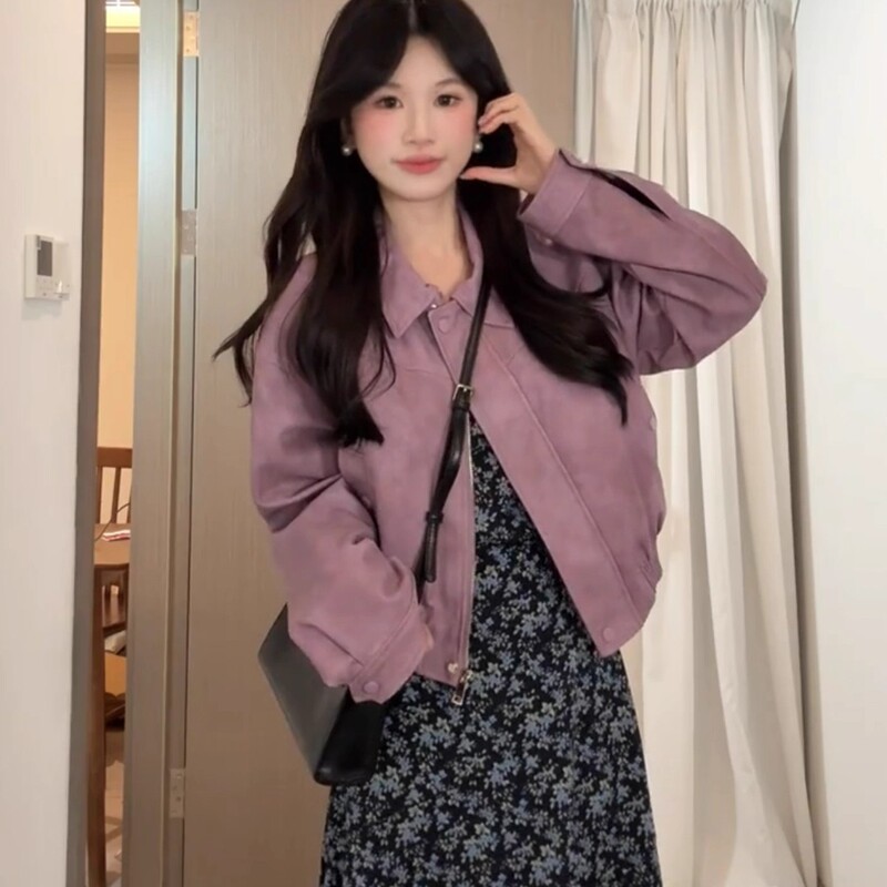 26 Autumn/Winter New Purple Short Leather Jacket for Women, Cool and Stylish Korean Style Outfit, Biker Jacket for Petite Figures