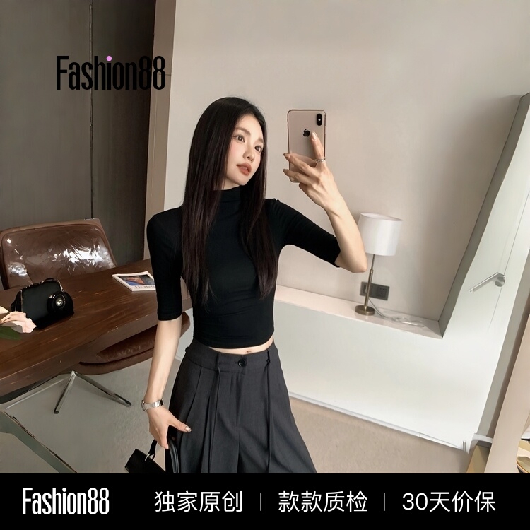 Black Sexy Spicy Girl Style Mid-Sleeve T-Shirt for Women, 2026 Spring Pure Desire Style Slim Fit Short Tight-Fitting Top with Regular Shoulders Black Sexy Spicy Girl Style Mid-Sleeve T-Shirt for Women, 2026 Spring Pure Desire Style Slim Fit Short Tight-Fitting Top with Regular Shoulders