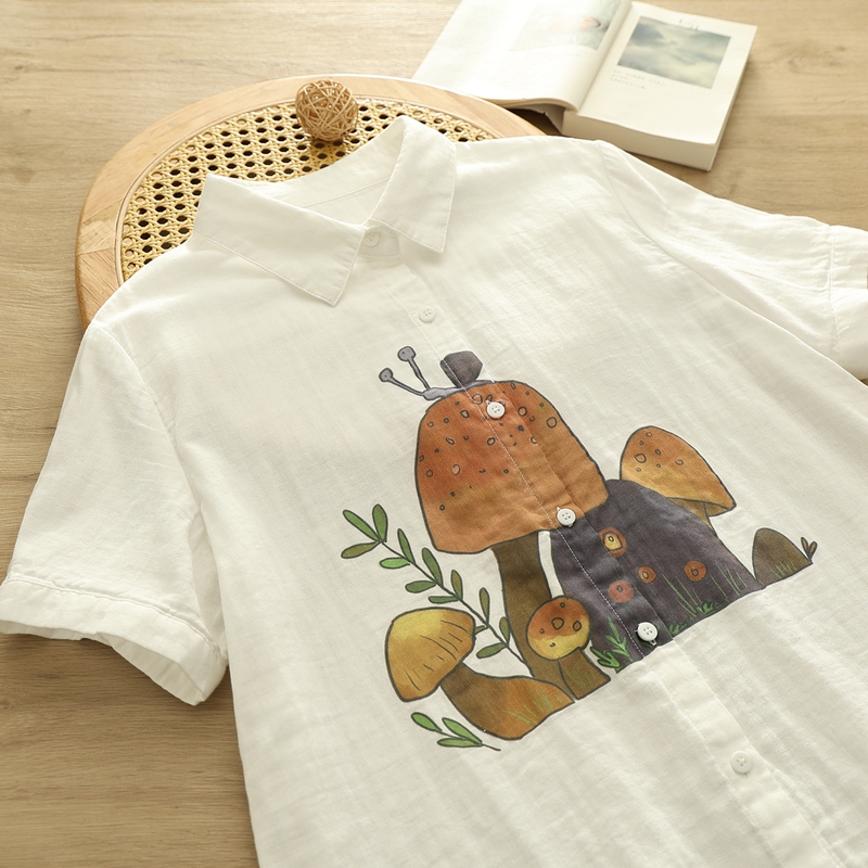 2026 Summer Artistic Fresh Style Oil Painting Mushroom Snail Double Layer Cotton Gauze White Shirt Women's Short Sleeve Base Shirt for Students