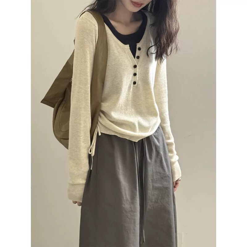 Contrast Color Fake Two-Piece Long-Sleeved Knitted Bottoming Shirt for Women, Summer Waist-Cinching Slimming Sweater, Short Drawstring Inner Top