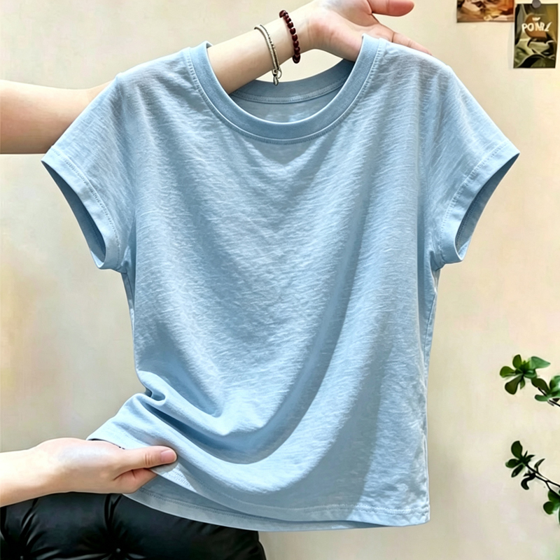 Bamboo Cotton Thin Breathable Short-Sleeve T-Shirt for Women, Summer New Design with Unique Small Flutter Sleeves, Loose Solid Color Top Bamboo Cotton Thin Breathable Short-Sleeve T-Shirt for Women, Summer New Design with Unique Small Flutter Sleeves, Loose Solid Color Top