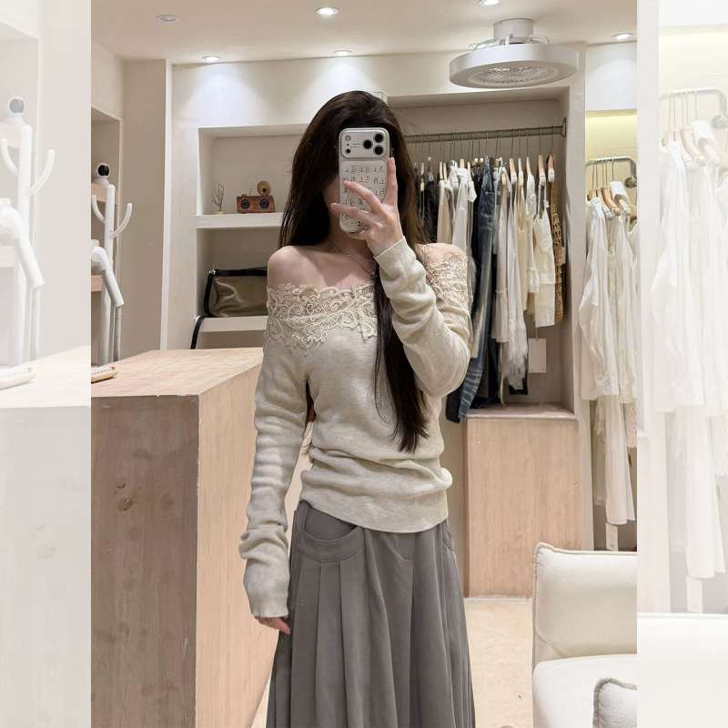 Lace Off-Shoulder Knit Top for Women 2026 Early Autumn Long-Sleeve Slim-Fit Gentle Vibe Base Shirt Top
