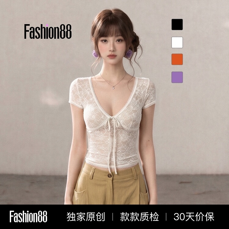 2026 Summer New Style Bow-Knot V-Neck Lace Short-Sleeved T-Shirt for Hot Girls, Slightly See-Through, Slim-Fitting, Stylish and Sexy Top 2026 Summer New Style Bow-Knot V-Neck Lace Short-Sleeved T-Shirt for Hot Girls, Slightly See-Through, Slim-Fitting, Stylish and Sexy Top