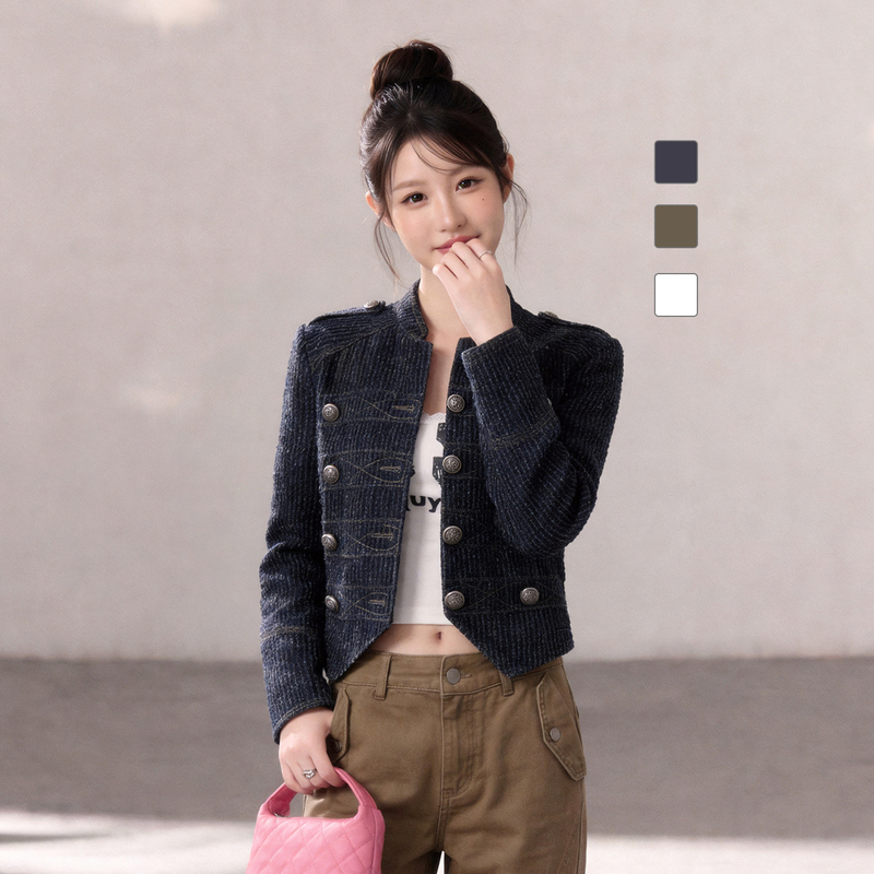 'Napoleon' Stand-Collar Buttoned Denim Jacket for Women, Niche Design Short Jacket, Women's Spring and Autumn Outerwear