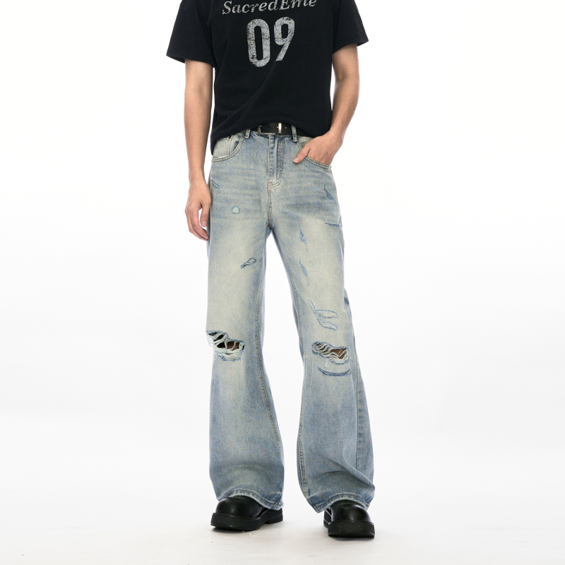Escape Plan American Retro Ripped Jeans for Men, New Distressed Cleanfit Flared Pants for Men and Women