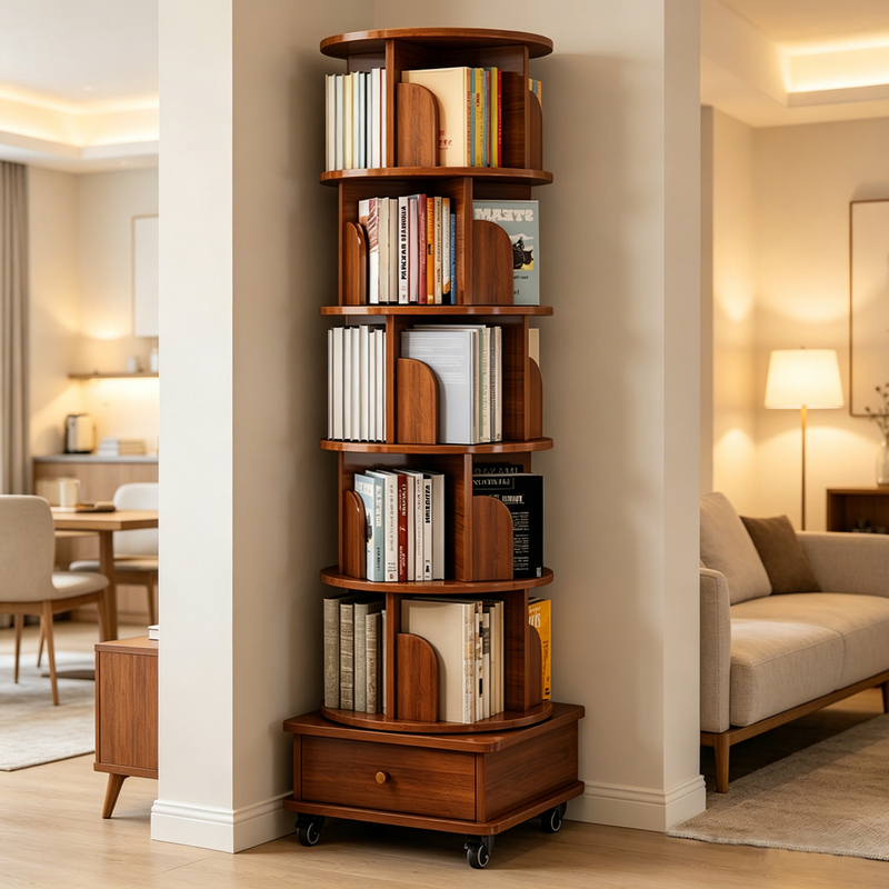 Rotating Bookshelf Floor-Standing Storage Rack Integrated 360-Degree Living Room Wall-Mounted Movable Circular Natural-Edge Bookshelf Bookcase