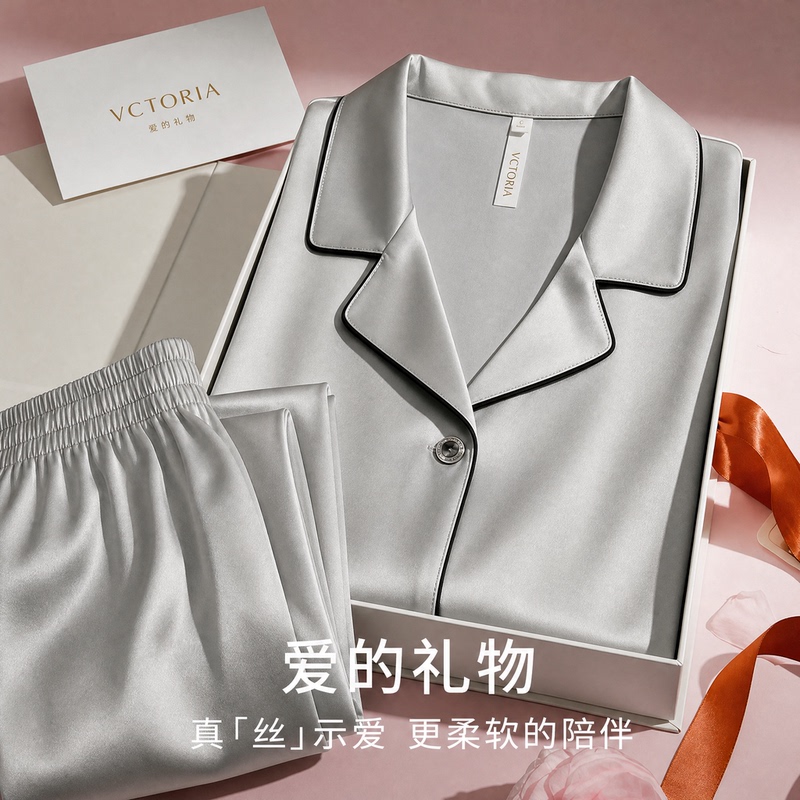Cat Kite Accessible Luxury Silk Pajamas for Men, Spring and Summer, Father's Day Gift, High-End Home Wear Gift Box Set