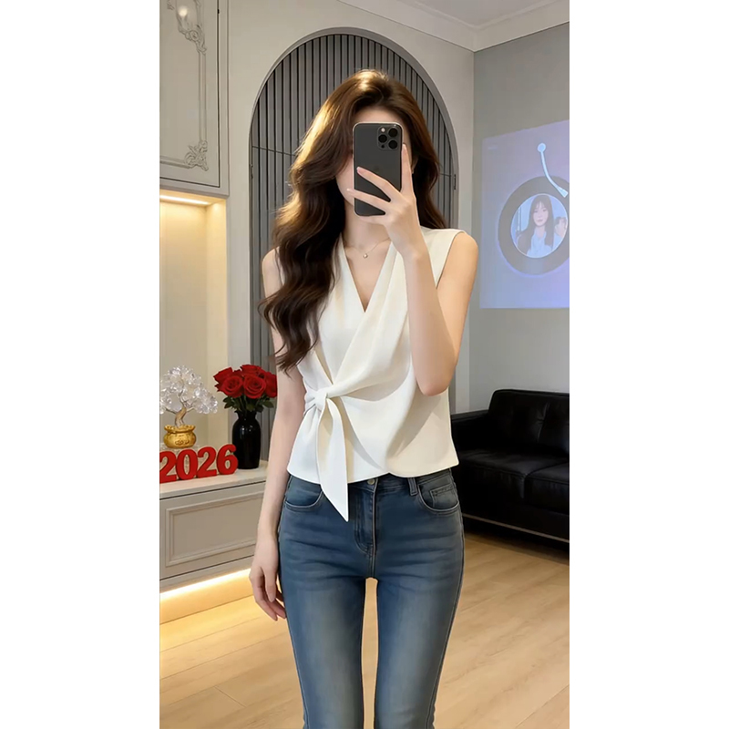 Elegant Commuter V-Neck Sleeveless Shirt for Women 2026 Summer New Versatile Design Tie-Waist Top