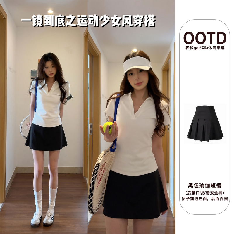 Polo Collar Short-Sleeved Yoga Skirt Pants Set for Women Summer Sports and Leisure Tennis Fitness Outdoor Running Wear Polo Collar Short-Sleeved Yoga Skirt Pants Set for Women Summer Sports and Leisure Tennis Fitness Outdoor Running Wear