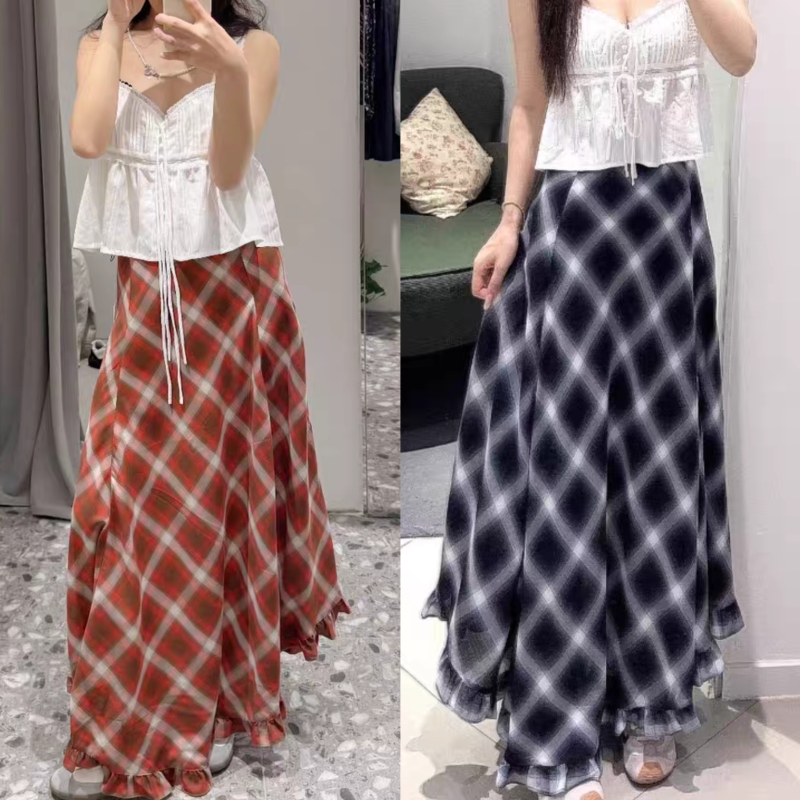 6/10Lindymeiyi S1551 Clearance Sale No Returns or Exchanges Retro Plaid Large Hem Skirt Asymmetrical Lace Skirt