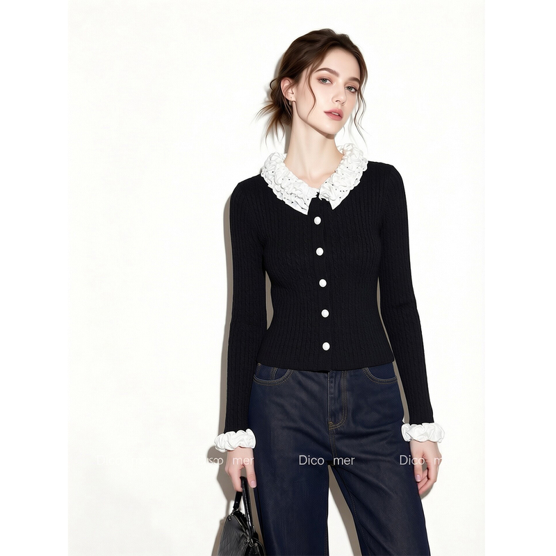 Dicomer Official Website Chanel-Style Lace Patchwork Doll Collar Knitted Cardigan for Women, Slim-Fit Short Top