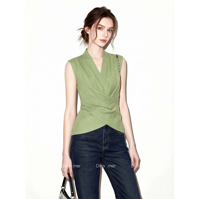 Dicomer Official Website French Light Mature Style Green V-Neck Sleeveless Cross Design Elegant Tank Top for Women Summer Dicomer Official Website French Light Mature Style Green V-Neck Sleeveless Cross Design Elegant Tank Top for Women Summer