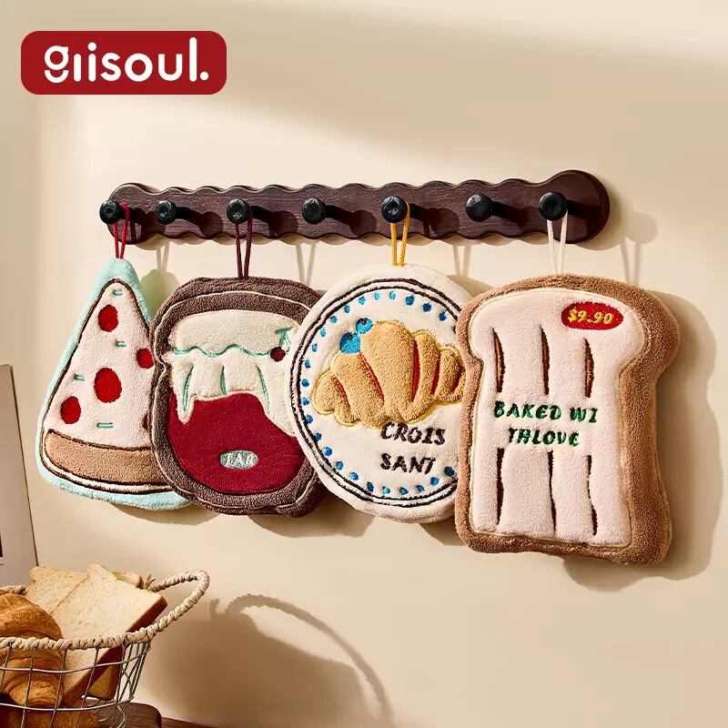 Cute Cartoon Bread and Cheese Shaped Coral Fleece Hanging Kitchen Towel, Absorbent, Quick-Drying, Thickened Hand Towel