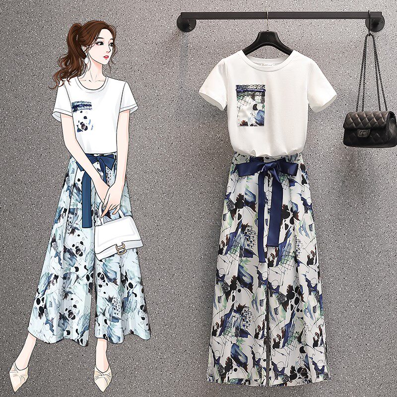 European station fashion casual suit women's 2022 summer new large size women's clothing age-reducing and thin wide-leg pants two-piece set