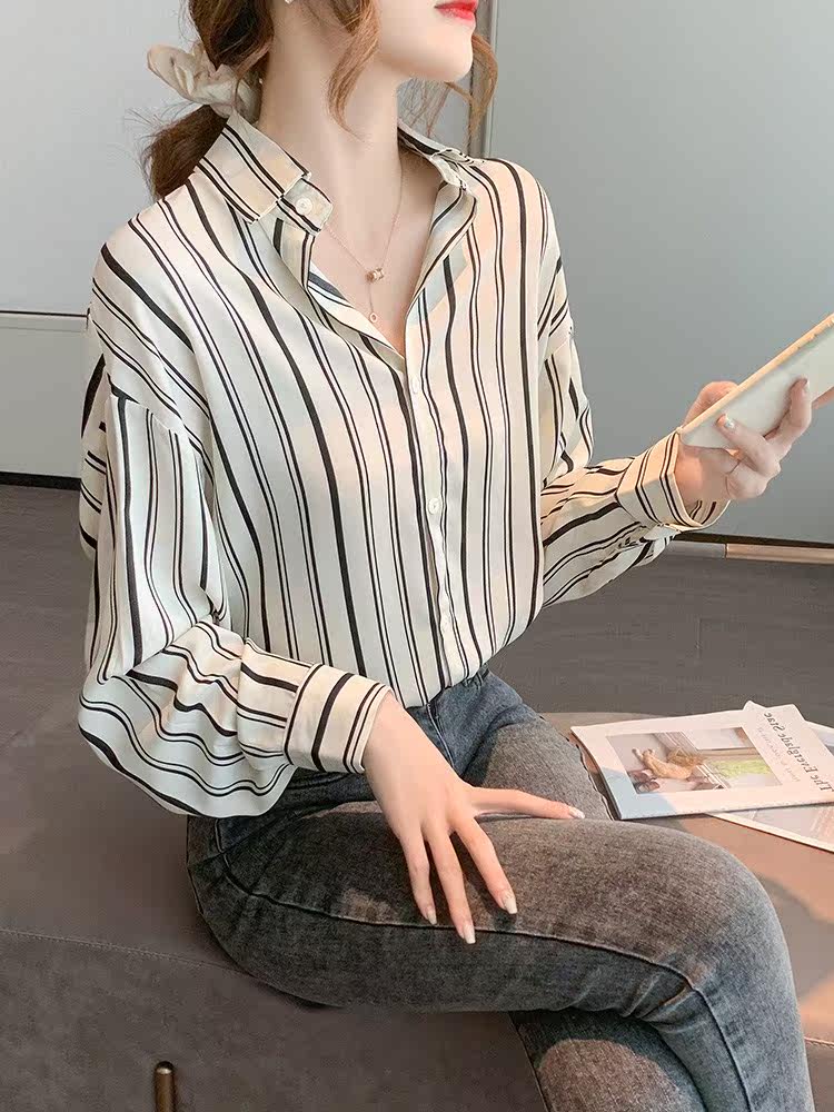 Tide brand vertical striped shirt women's 2022 autumn new women's loose Korean version all-match chiffon shirt top shirt women