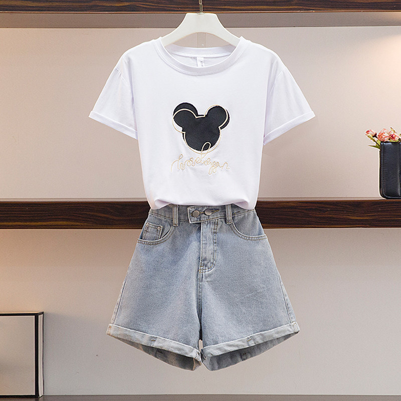 European station fashion suit women's 2022 summer new women's clothing is thin short-sleeved T-shirt denim shorts two-piece set