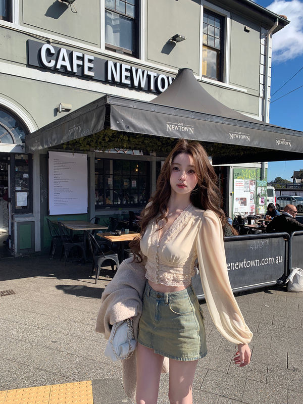 Your Lazy Llan【Zimmer Lace】French Romantic Lace Splicing Waist-Cinching Long-Sleeved Shirt Top