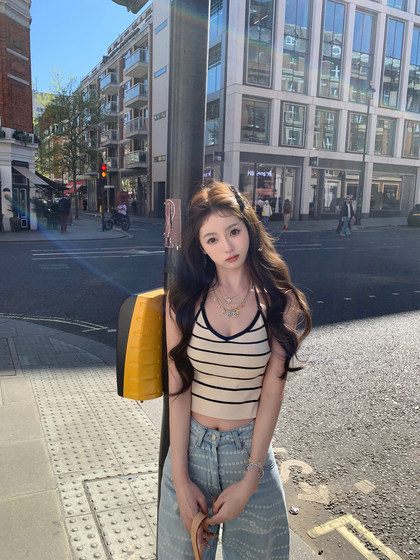 你的懒懒llan甜美性感两色条纹挂脖针织吊带上衣女