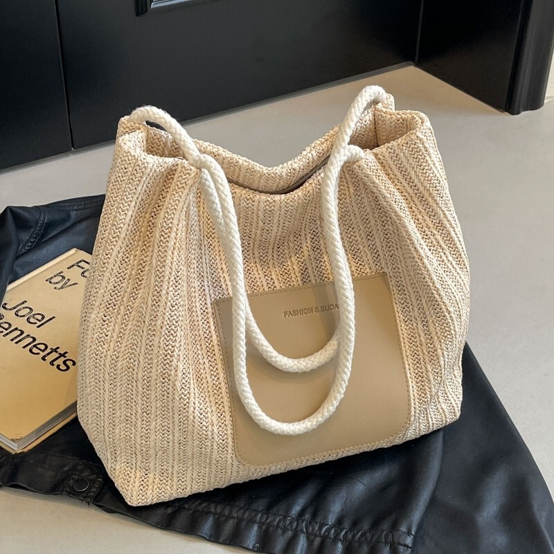 Candle Knock Woven Beach Bucket Bag for Women, New Large-Capacity Commuter Tote Bag for Seaside Vacation