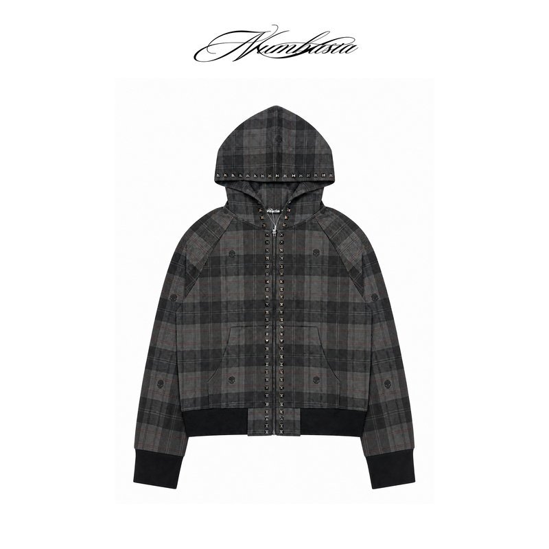 Numbasia_ Skull Checkered Rivet Hooded Light Street Style Zipper Raglan Loose Sweatshirt Numbasia_ Skull Checkered Rivet Hooded Light Street Style Zipper Raglan Loose Sweatshirt