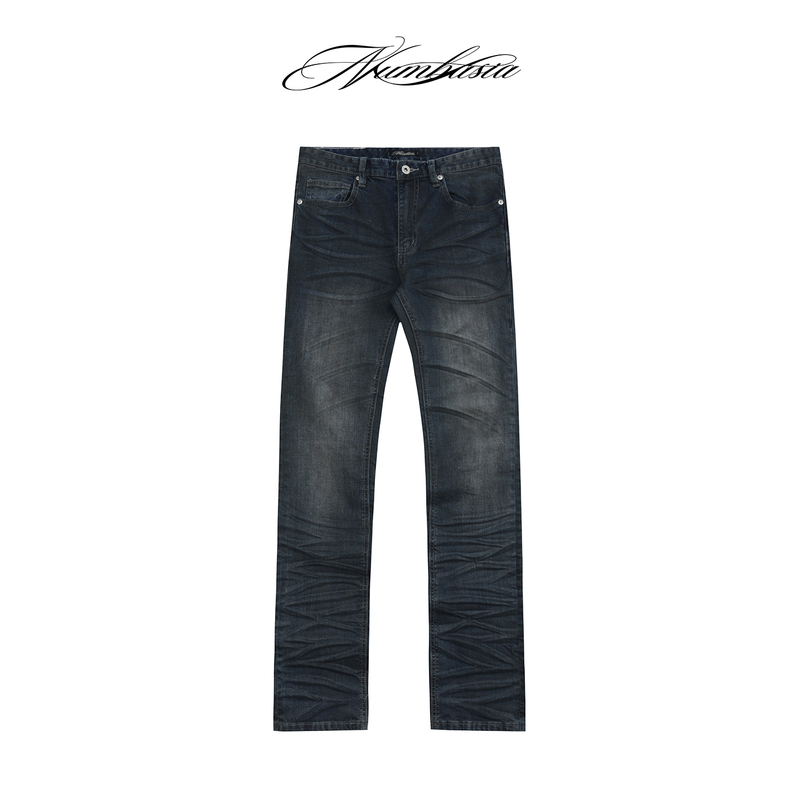 Numbasia_Skinny Dirty-Pressed Pleated Whiskered Washed Dark Blue Tight-Fitting Stretch Light Asian Street Style Jeans