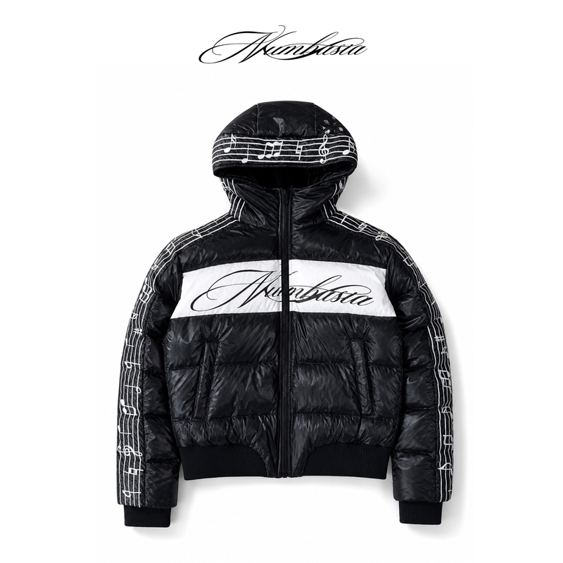 Numbasia Note Embroidery Striped Contrast White Logo Print Lightweight down Jacket Numbasia Note Embroidery Striped Contrast White Logo Print Lightweight down Jacket