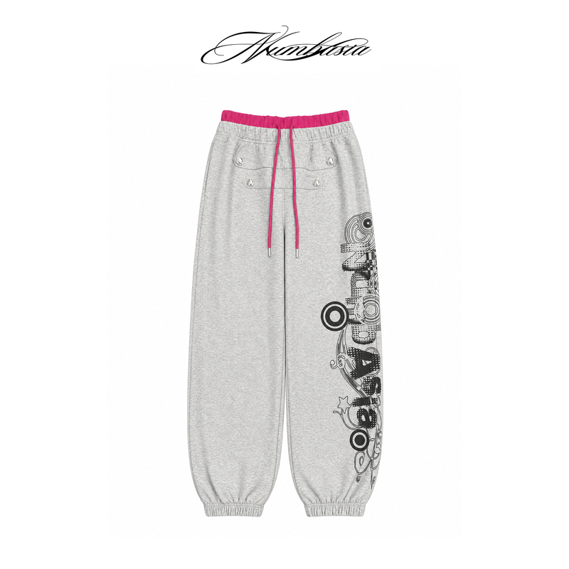 Numbasia Palace-Style Button Decoration Contrasting Color Double Waist Print Light Street Style Jogger Loose Sweatpants Numbasia Palace-Style Button Decoration Contrasting Color Double Waist Print Light Street Style Jogger Loose Sweatpants