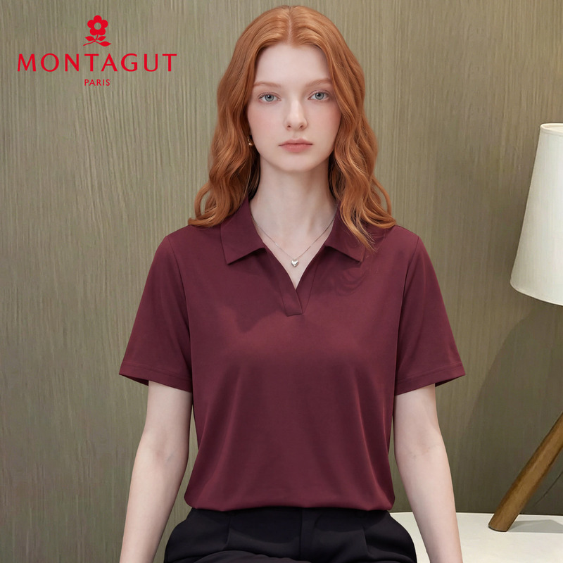 Montagut Burgundy Lapel Short-Sleeved T-Shirt for Women 2026 Summer New Loose Slimming Polo Shirt Top Montagut Burgundy Lapel Short-Sleeved T-Shirt for Women 2026 Summer New Loose Slimming Polo Shirt Top