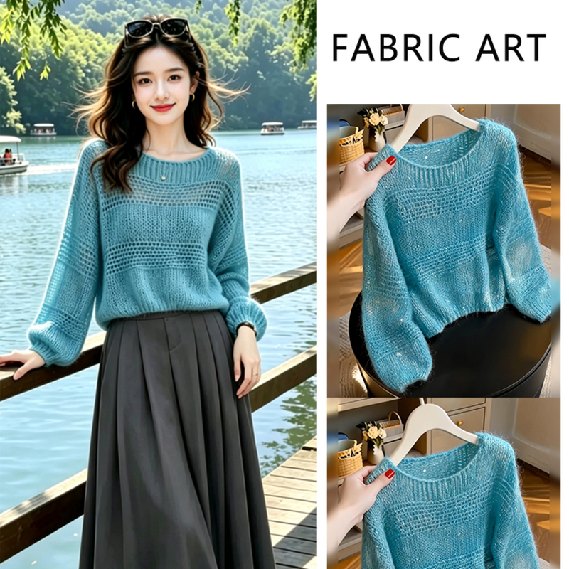 Rufen Fabric Story official store Women's Autumn Lazy Style Fashion Hollow Knit Sweater with High-Waisted Skirt