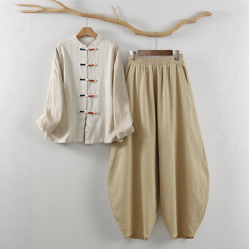 Chinese Retro National Style Layperson Tai Chi Suit Set for Women, Spring and Autumn, Buddhist Cotton and Linen Button-Front Cardigan, Zen Tea Attire