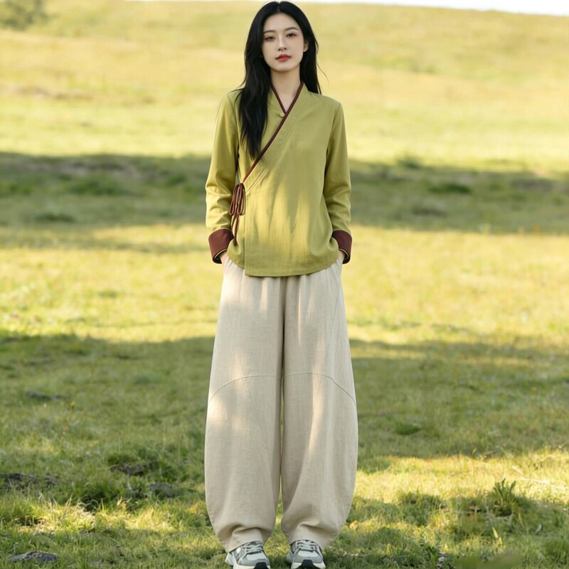 Vintage Chinese-Style Oblique Placket Button-Down Shirt for Women, Autumn Zen-Inspired National Style Stand-Up Collar Improved Hanfu Cotton-Linen Tea Dress Top Set