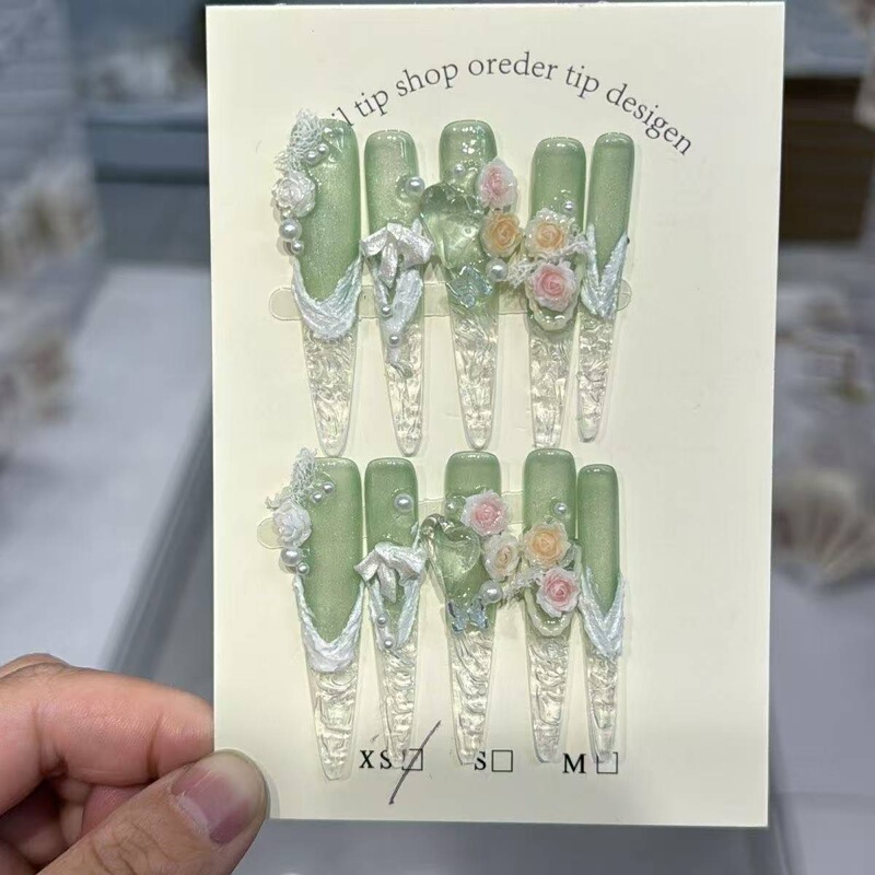 5.5 Extra-Long Heavy-Duty Cat's Eye Rose Glass Crushed Ice Fairy-Like Stunning High-End Luxury Press-On Nails