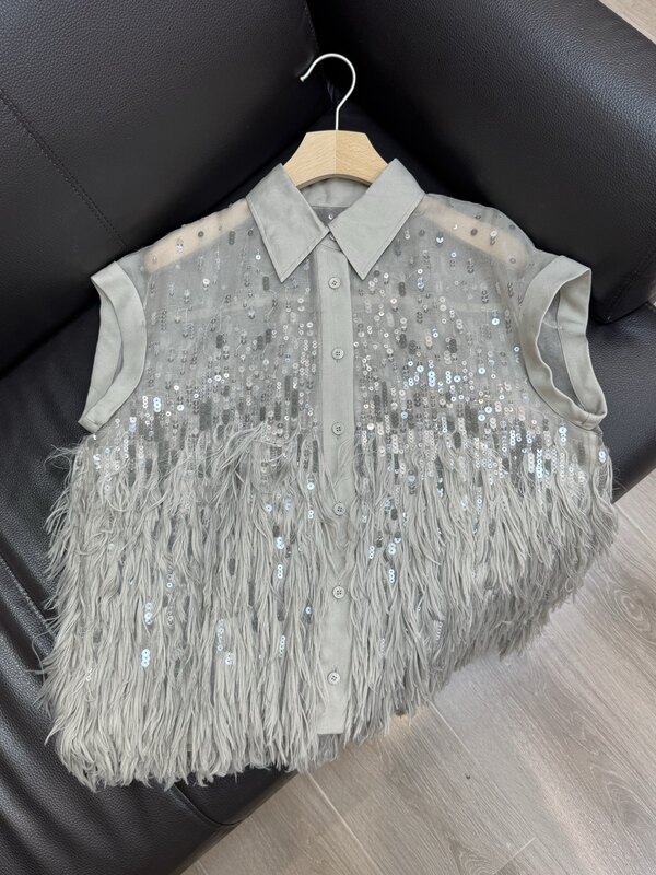 Unforgettable at First Glance! Bc Heavy Industries' New Lapel Sleeveless Solid Color Heavy-Duty Feather Design Silk Vest Shirt Unforgettable at First Glance! Bc Heavy Industries' New Lapel Sleeveless Solid Color Heavy-Duty Feather Design Silk Vest Shirt