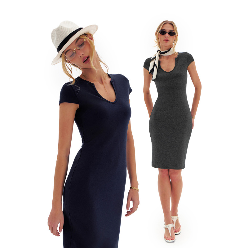 Maio Nue Navy Blue/Dark Gray V Neck Short-Sleeved Stretch Knitted Dress Mid-Length Slim-Fitting Hip-Hugging Skirt